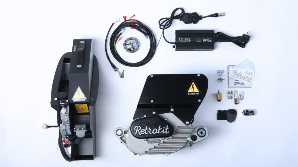 esploso con tutti i pezzi del motore elettrico Retrokit per Vespa vintage