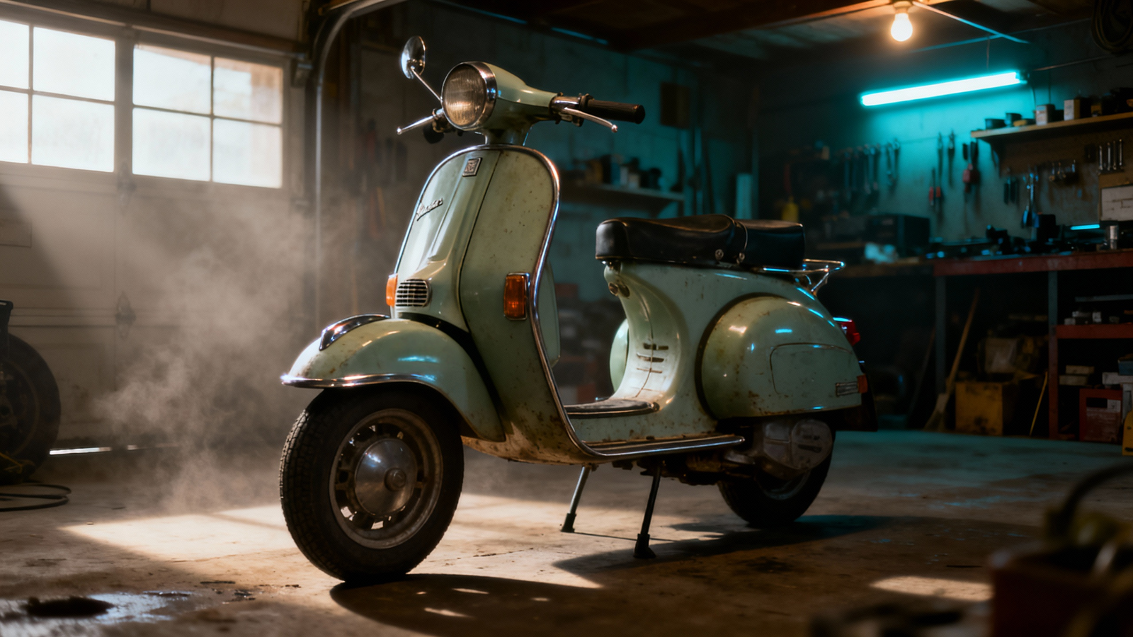rusty vintage Vespa in a garage